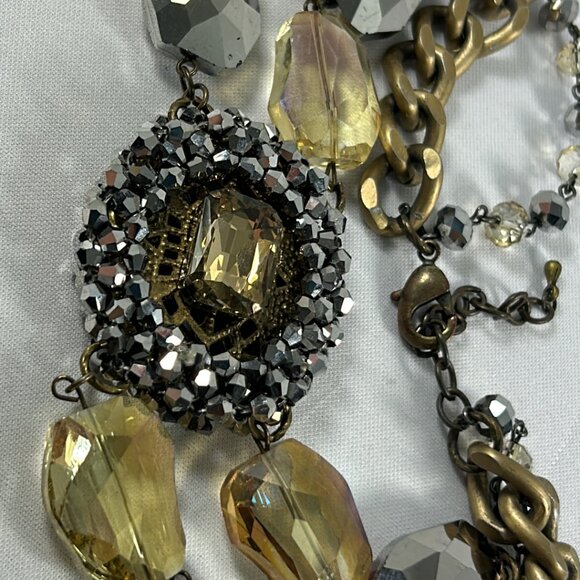 Chunky Beaded Multi Stone Retro Look Two Tier Necklace 14-16" Gold Tone Chain - Picture 7 of 10